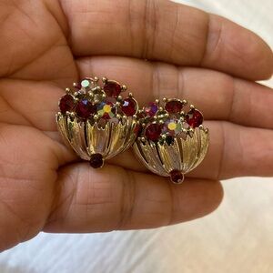 Lisner Vintage Clip on‎ Earrings with Red Aurora Borealis Rhinestones